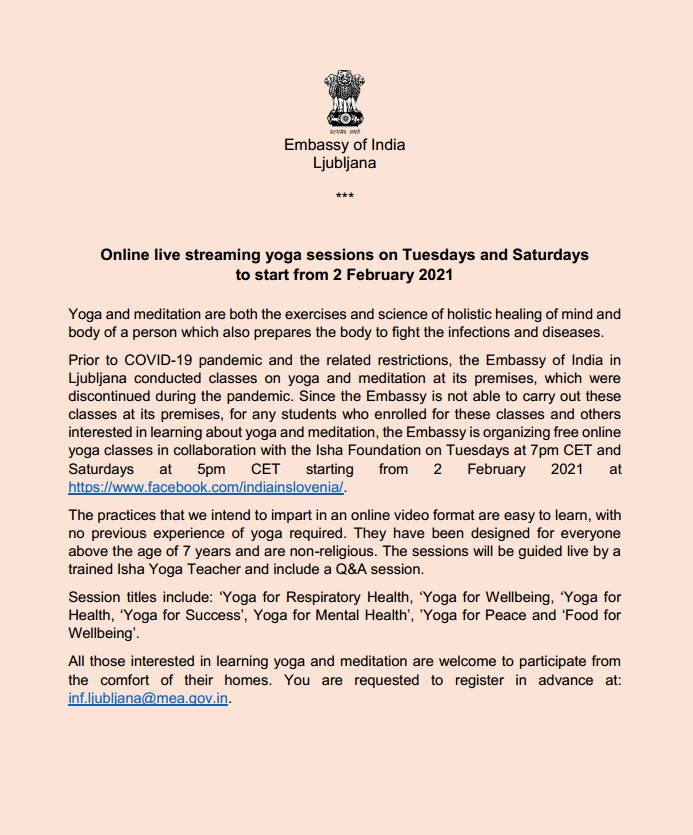 Online live streaming yoga sessions on Tuesdays and Saturdays  to start from 2 February 2021
